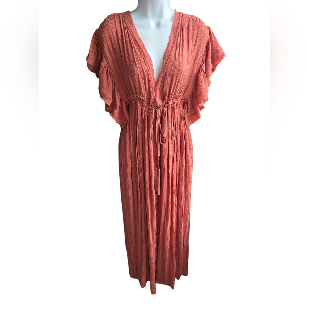 Flawless Rust Empire Maxi Dress Ruffle Short Sleeve Adjustable Waist Size S